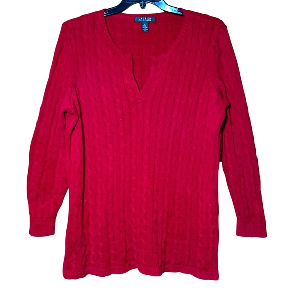 Lauren Ralph Lauren (POLO) Classic Red Cable Knit‎ Split Neck Sweater Size 2X - Picture 2 of 7